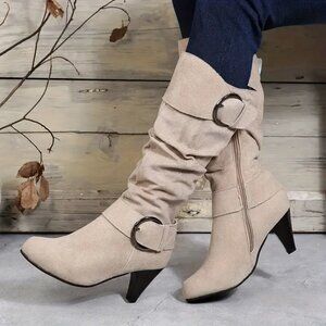 2 Pair Heeled Buckle Boots (Beige and Dark Blue - Rare)